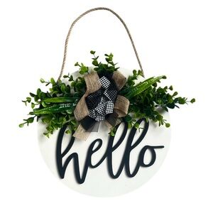 Rustic Farmhouse Hello Sign with Greenery and Bow